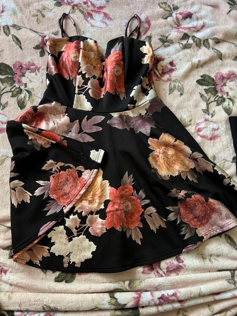Charlotte Russe Black Dress with Red & Peach Floral Print